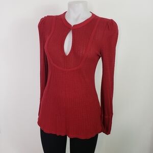 Lucky Brand red long sleeve Linen Viscose blend top cutout keyhole